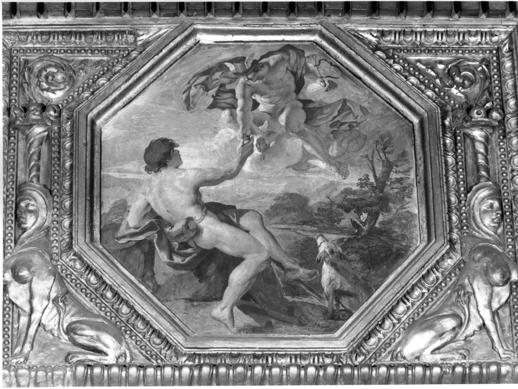 Mercurio consegna a Paride la mela d'oro (dipinto) di Brandi Giacinto (bottega) (sec. XVII)