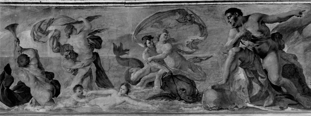 Polifemo scorge Galatea e Aci (trionfo di Galatea) (dipinto) di Brandi Giacinto (bottega) (sec. XVII)