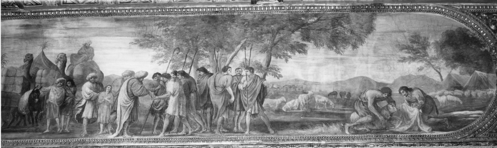 Giuseppe venduto agli ismaeliti e tintura nel sangue della sua tunica (dipinto) di Tassi Agostino (cerchia) (sec. XVII)
