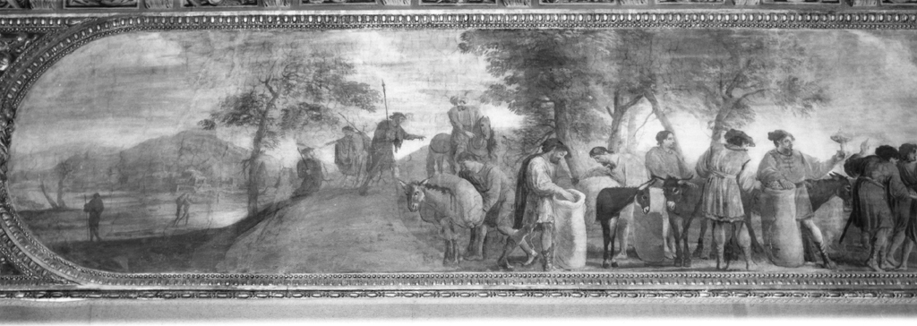 Giuseppe fa nascondere la sua coppa nel sacco di Beniamino, dove viene ritrovata dai suoi uomini (dipinto) di Tassi Agostino (cerchia) (sec. XVII)