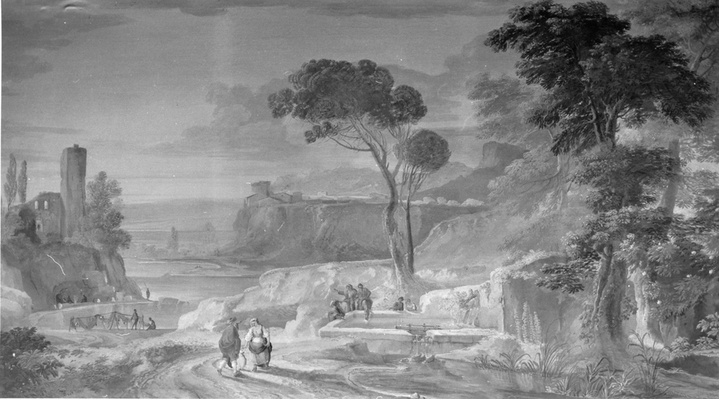 paesaggio con abbeveratoio (dipinto) di Onofri Crescenzio (cerchia) (sec. XVII)