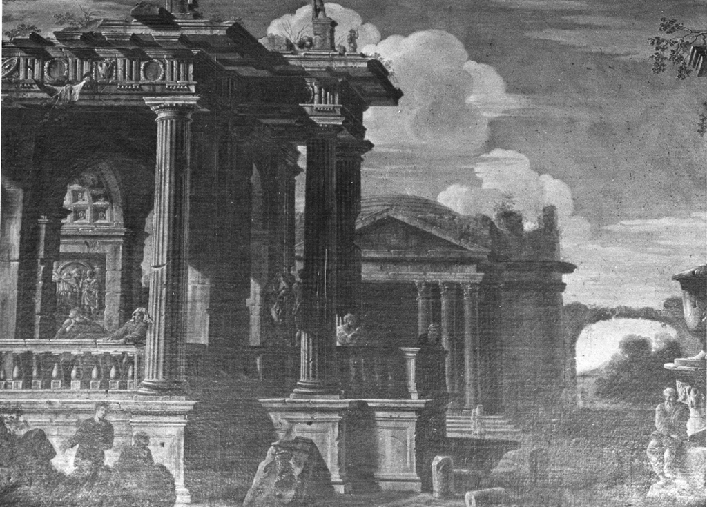 veduta di tempio e rovine con figure (dipinto) - scuola romana (sec. XVII)