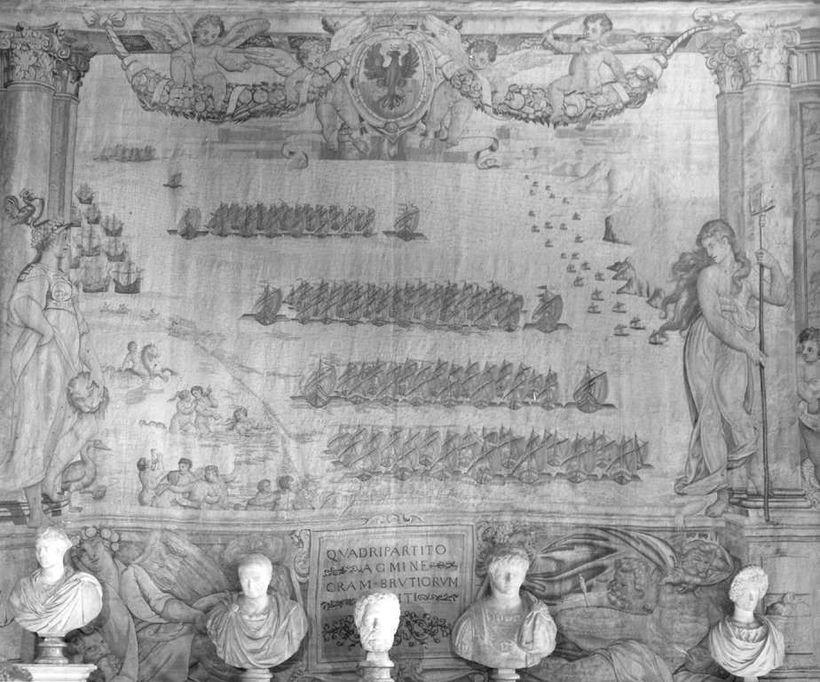 battaglia di Lepanto: le flotte della Lega costeggiano le coste della Calabria (arazzo) di cSa Fabrik Marke, De Rossi Francesco (sec. XVI)