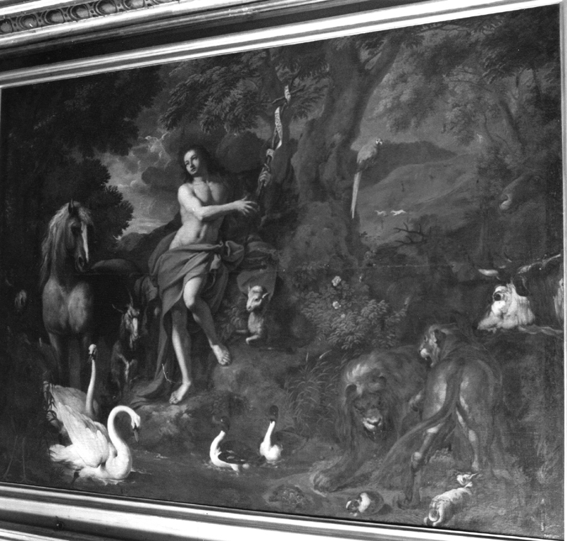 paesaggio con S.Giovanni Battista fra gli animali (dipinto) di Courtois Guillaume detto Borgognone, Dughet Gaspard detto Pussino (sec. XVII)