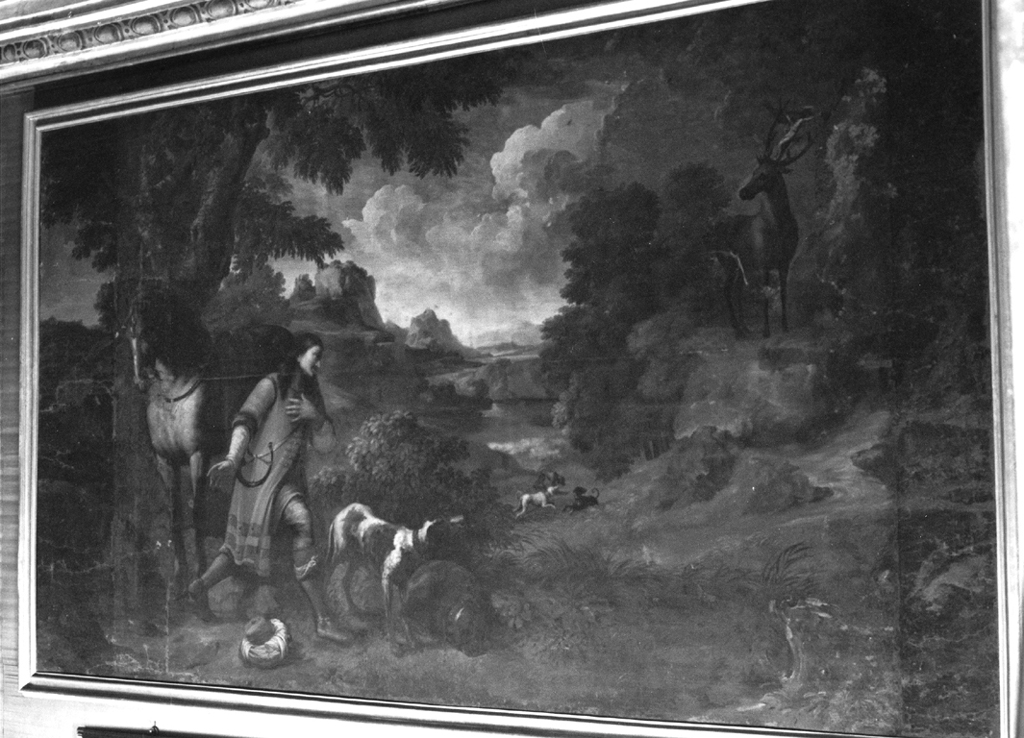 paesaggio con S.Eustachio (dipinto) di Dughet Gaspard detto Pussino, Courtois Guillaume detto Borgognone (sec. XVII)