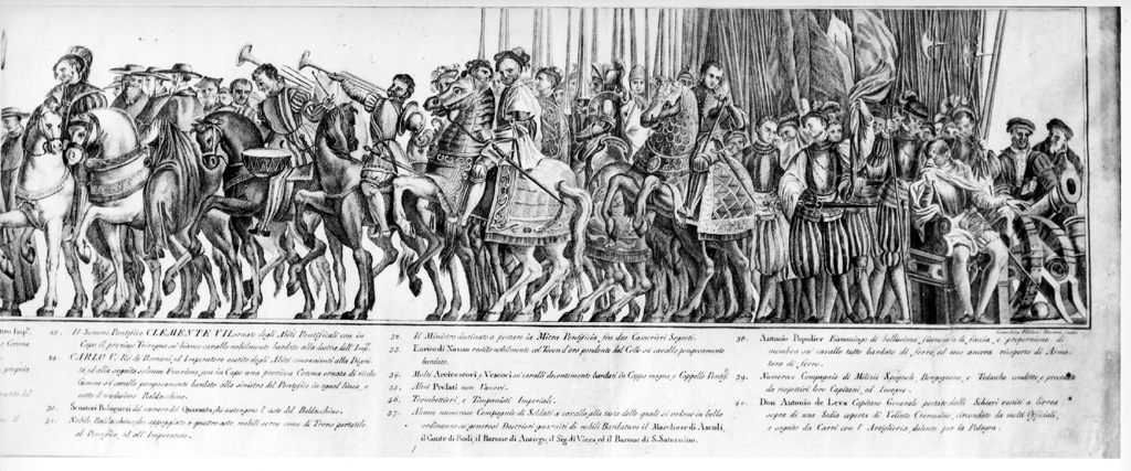 Cavalcata per l'incoronazione di Carlo V (stampa) di Filidoni Gioacchino, Benini Giovanni (sec. XVIII)