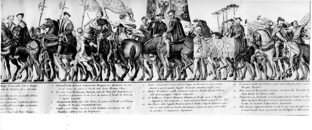 Cavalcata per l'incoronazione di Carlo V (stampa) di Filidoni Gioacchino, Benini Giovanni (sec. XVIII)