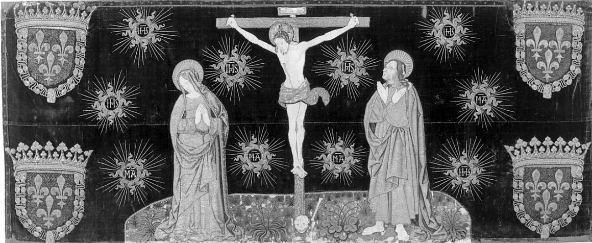 crocifissione di Cristo con Madonna e San Giovanni Evangelista (paliotto, opera isolata) - manifattura francese (prima metà sec. XVI)