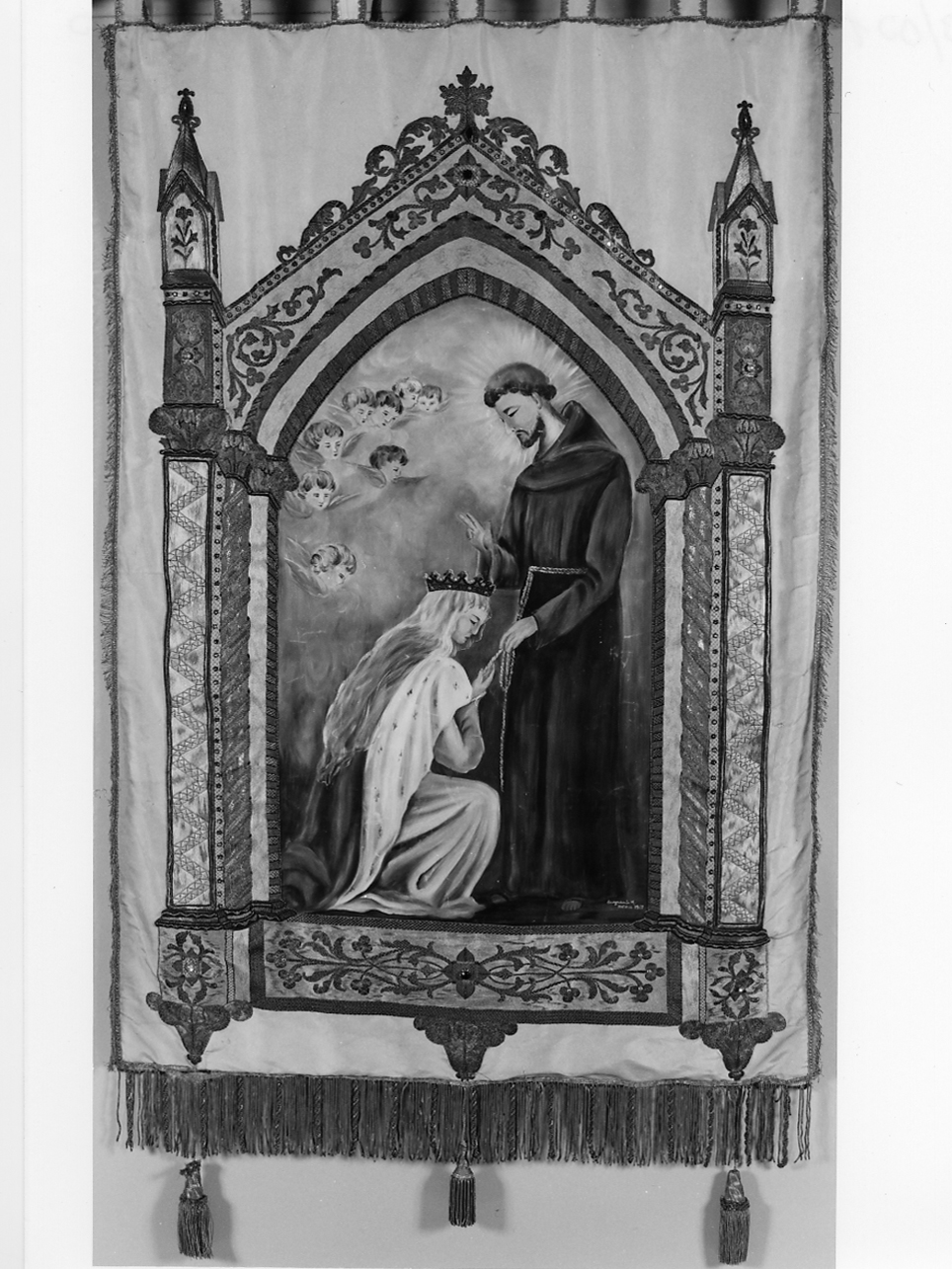 San Francesco d'Assisi benedice una regina (stendardo processionale, opera isolata) di Zangrando M (sec. XX)