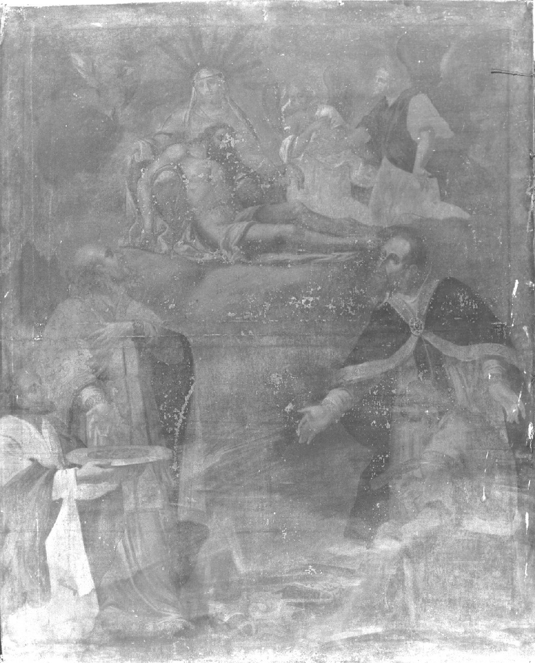 Pietà appare a due vescovi, Madonna con Cristo morto fra angeli, due vescovi (dipinto, opera isolata) - ambito mantovano (ultimo quarto sec. XVII)