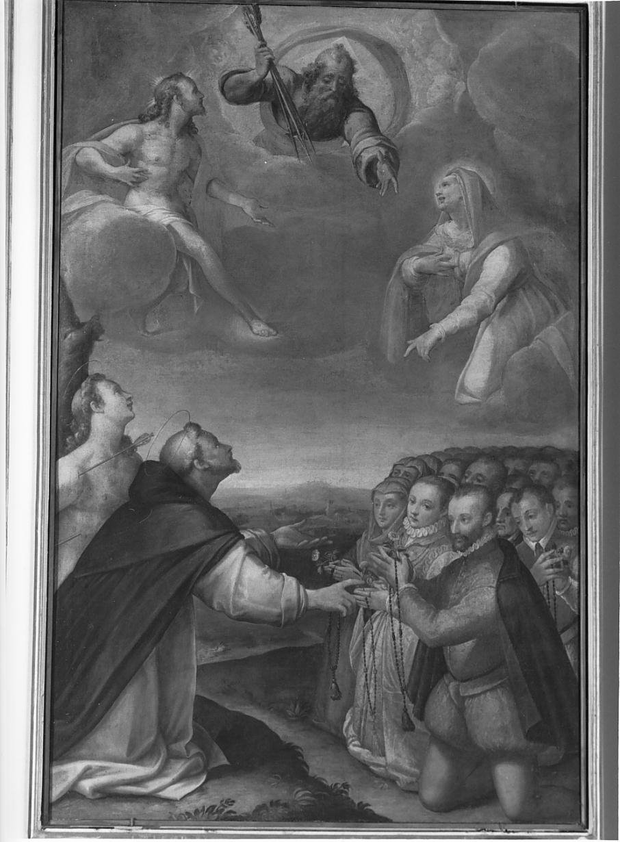 Madonna del Rosario con San Sebastiano, San Sebastiano e san vincenzo Ferrer impetrano una grazia alla Santissima Trinita' (dipinto) di Ghisi Teodoro (ultimo quarto sec. XVI)