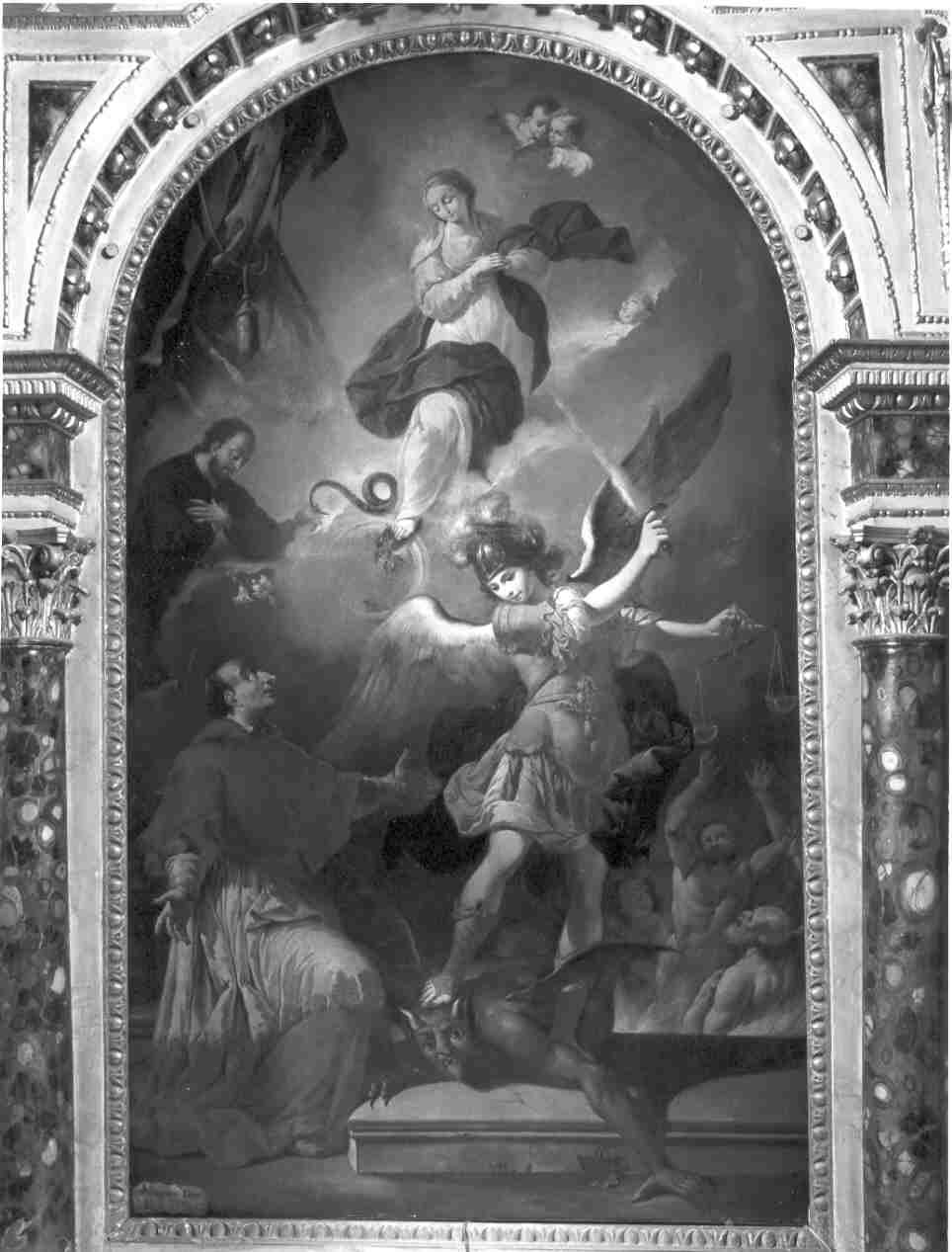 Madonna immacolata con San Carlo Borromeo, San Michele arcangelo, San Gaetano da Thiene e anime purganti (dipinto, opera isolata) di Dusi Antonio (sec. XVIII)