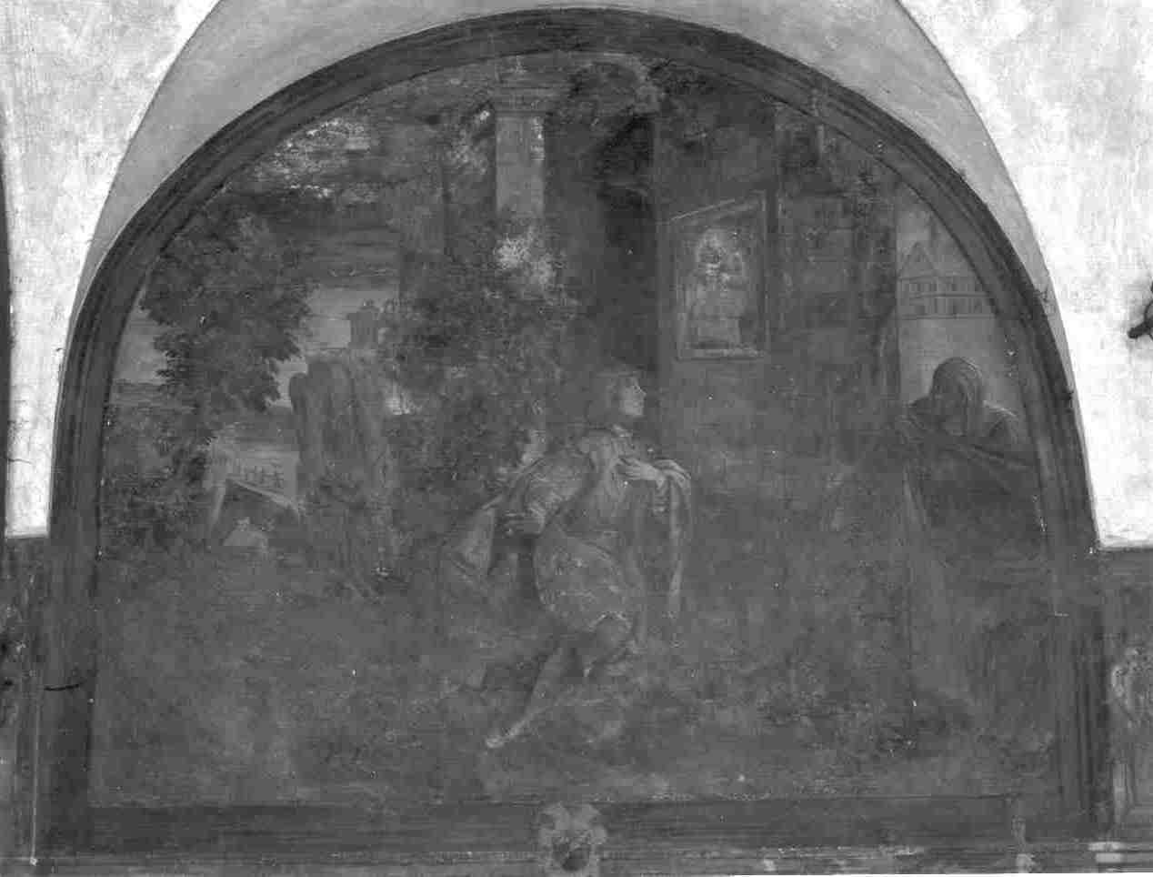 San Bernardino da Siena venera l'immagine della Madonna dipinta a Porta Camollia (dipinto, opera isolata) - ambito bresciano (inizio sec. XVII)