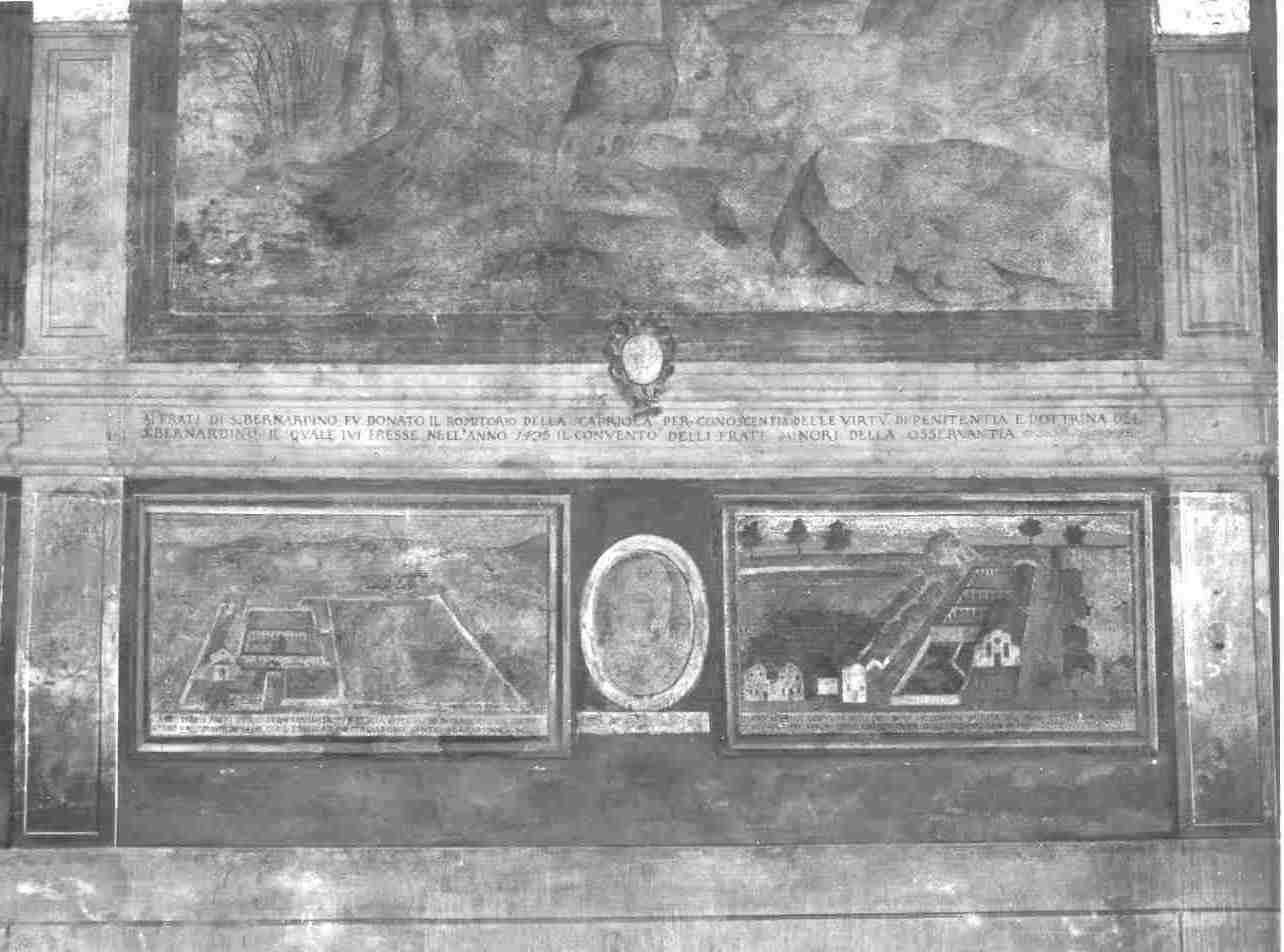 veduta del convento di San Bernardino in Salò/ veduta del convento di San Francesco della Pace in Orzinuovi/ frate francescano (dipinto, opera isolata) - ambito bresciano (sec. XVII)