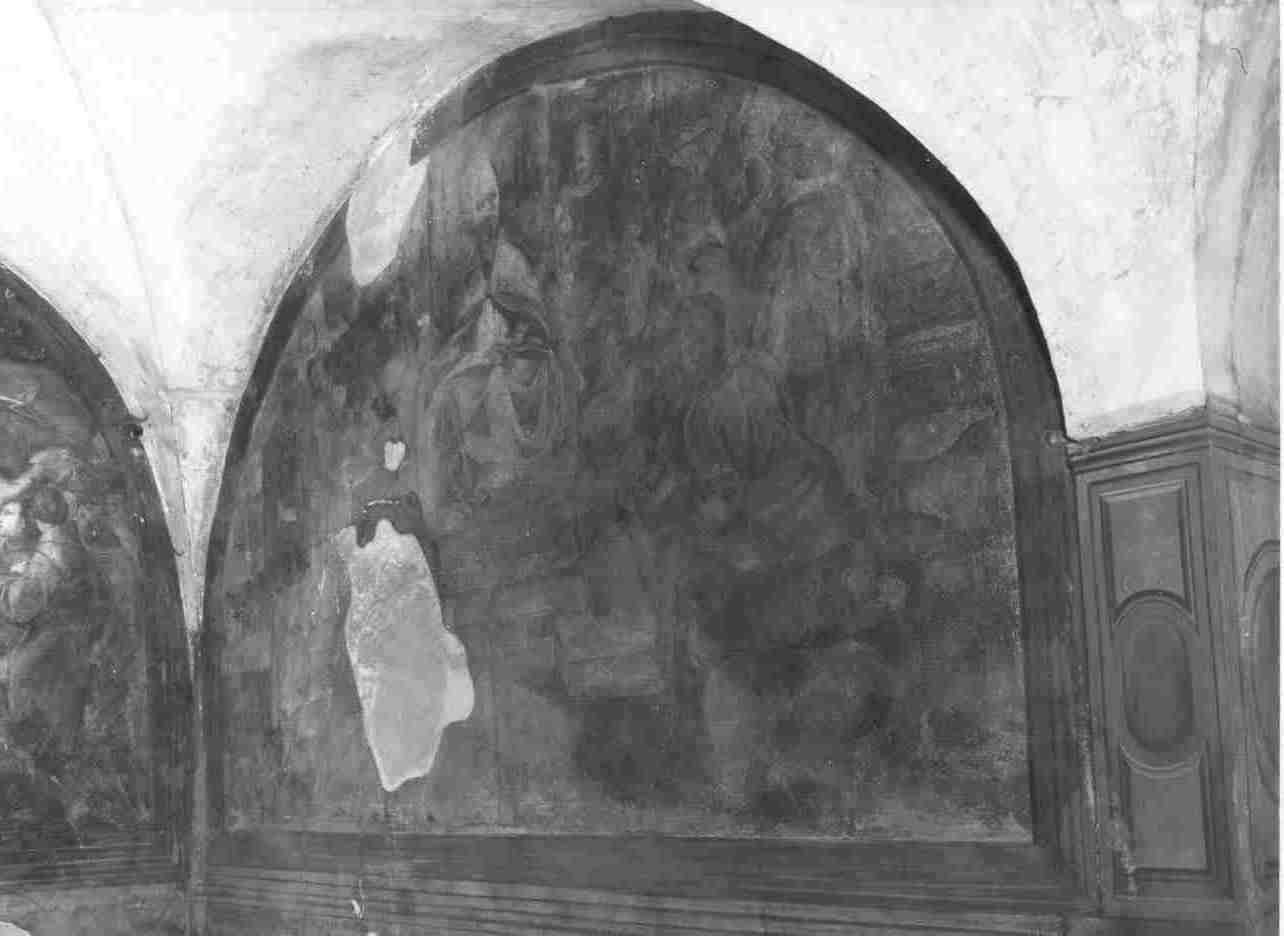 San Bernardino da Siena difende la devozione al Santissimo nome di Gesù al cospetto di Papa Martino V (dipinto, opera isolata) - ambito bresciano (inizio sec. XVII)