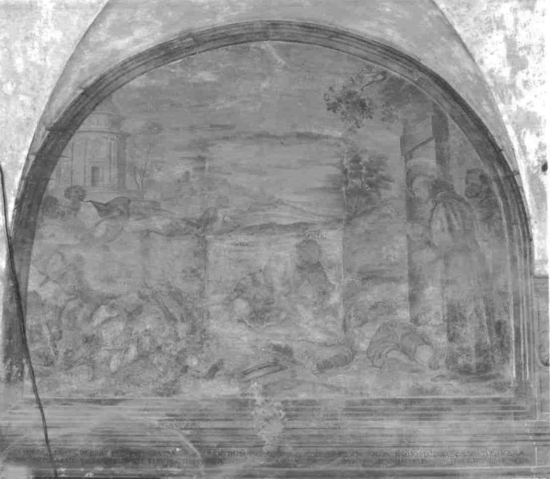 San Bernardino da Siena resuscita un giovane a Prato (dipinto, opera isolata) - ambito bresciano (inizio sec. XVII)