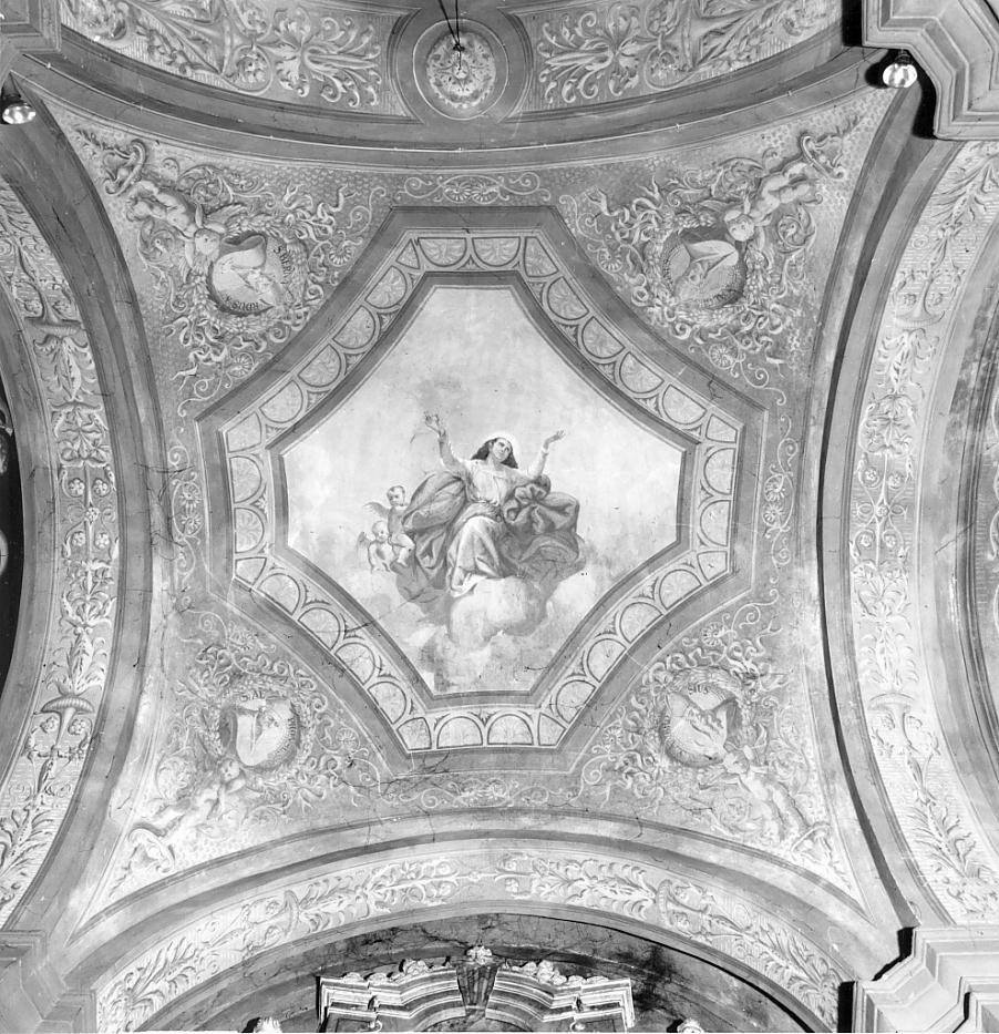 Madonna Assunta/ Sant'Alfonso/ San Bernardo/ Sant'Agostino d'Ippona/ Sant'Ambrogio/ putti reggicorona (dipinto) di Pizzini Ettore da Udine (sec. XX)