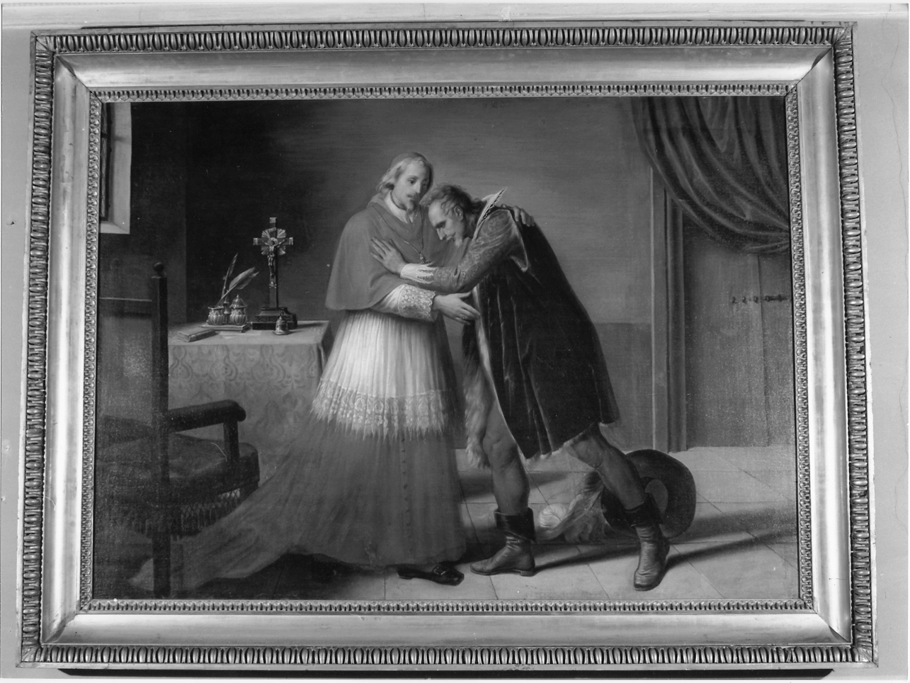 Incontro tra l'Innominato e il cardinale Federico Borromeo (dipinto, opera isolata) di Arrivabene Giulio Cesare (terzo quarto sec. XIX)