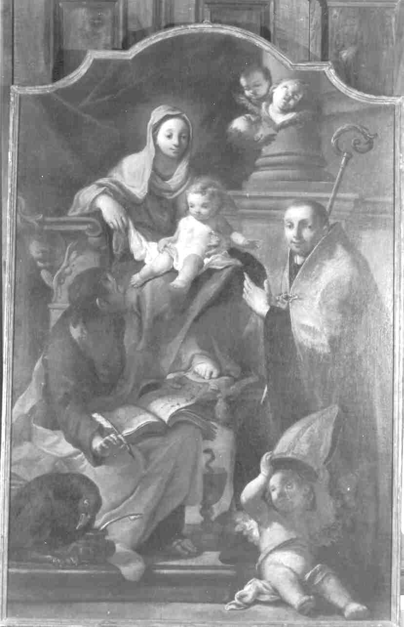 Madonna con Bambino, San Giovanni Evangelista e santo vescovo (dipinto, opera isolata) di Cignaroli Giambettino (metà sec. XVIII)