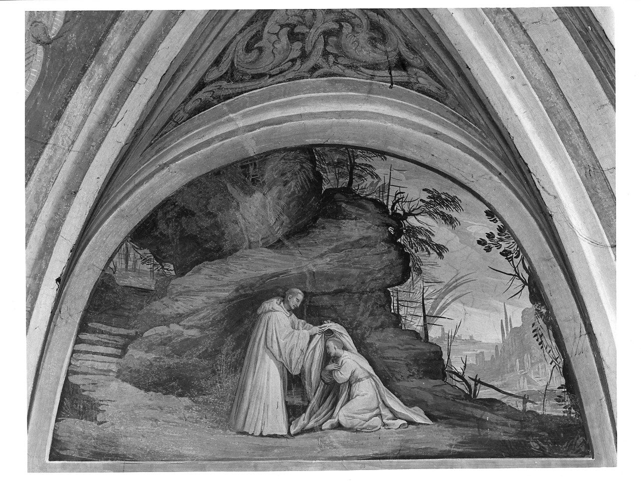 San Benedetto riceve l'abito eremitico dal monaco romano (dipinto, elemento d'insieme) di Inchiocco Giovanni Giacomo detto Barbello (e aiuti) (sec. XVII)