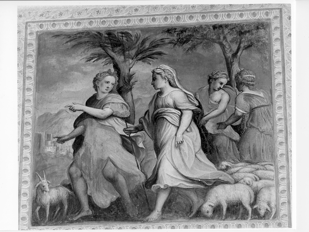 Rachele pascola il gregge del padre (dipinto, elemento d'insieme) di Gambara Lattanzio (terzo quarto sec. XVI)