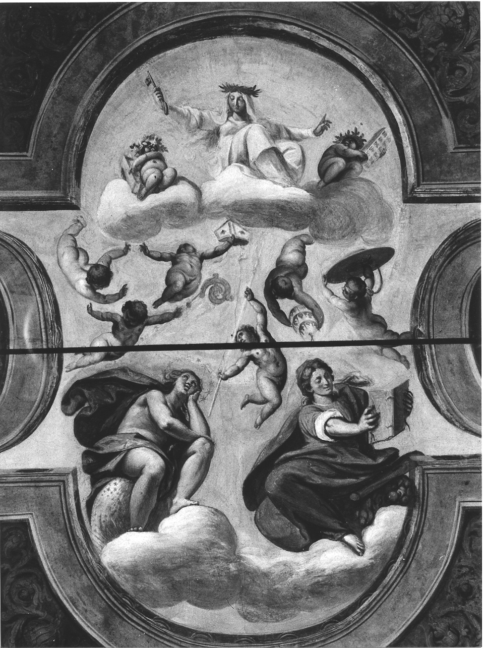 allegoria della Chiesa con le allegorie della Contemplazione (?) e della Sacra Scrittura (?) (dipinto, elemento d'insieme) di Cossali Grazio (inizio sec. XVII)