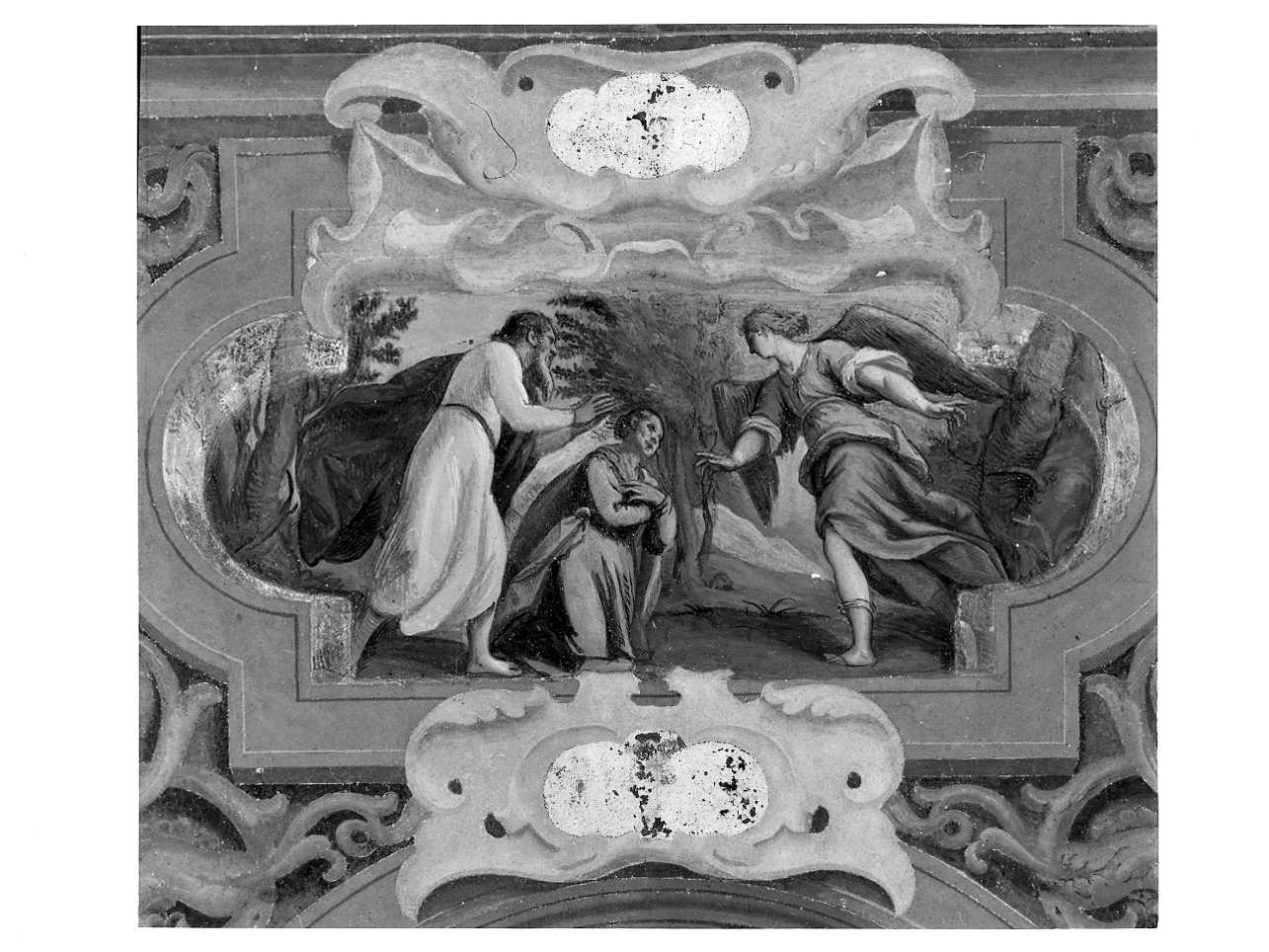 Seconda apparizione dell'angelo a Monoach e a sua moglie (dipinto, elemento d'insieme) di Inchiocco Giovanni Giacomo detto Barbello (secondo quarto sec. XVII)