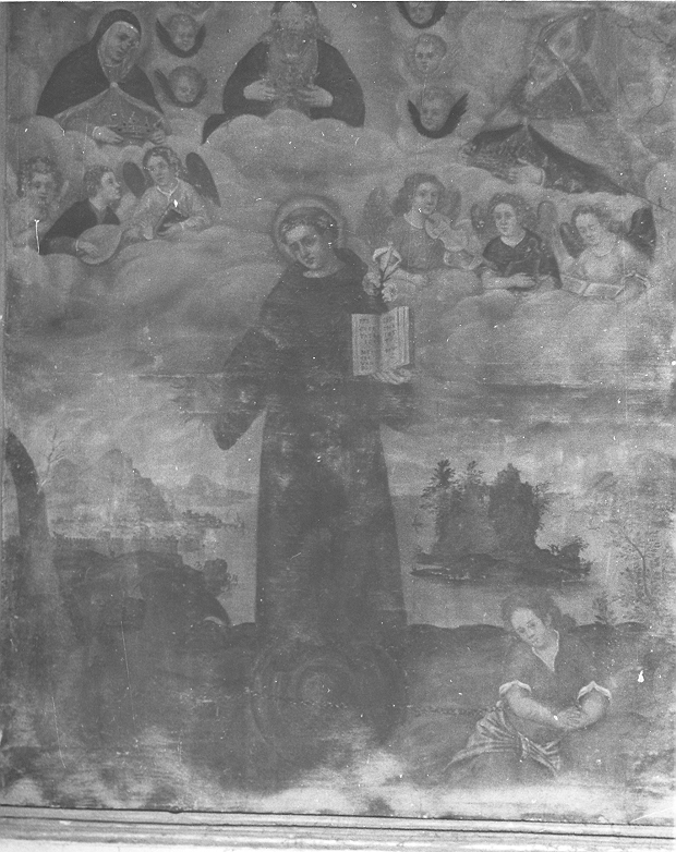 Sant'Antonio da Padova, Dio Padre, la Madonna e un Santo Vescovo (dipinto, opera isolata) - ambito Italia settentrionale (sec. XVII)