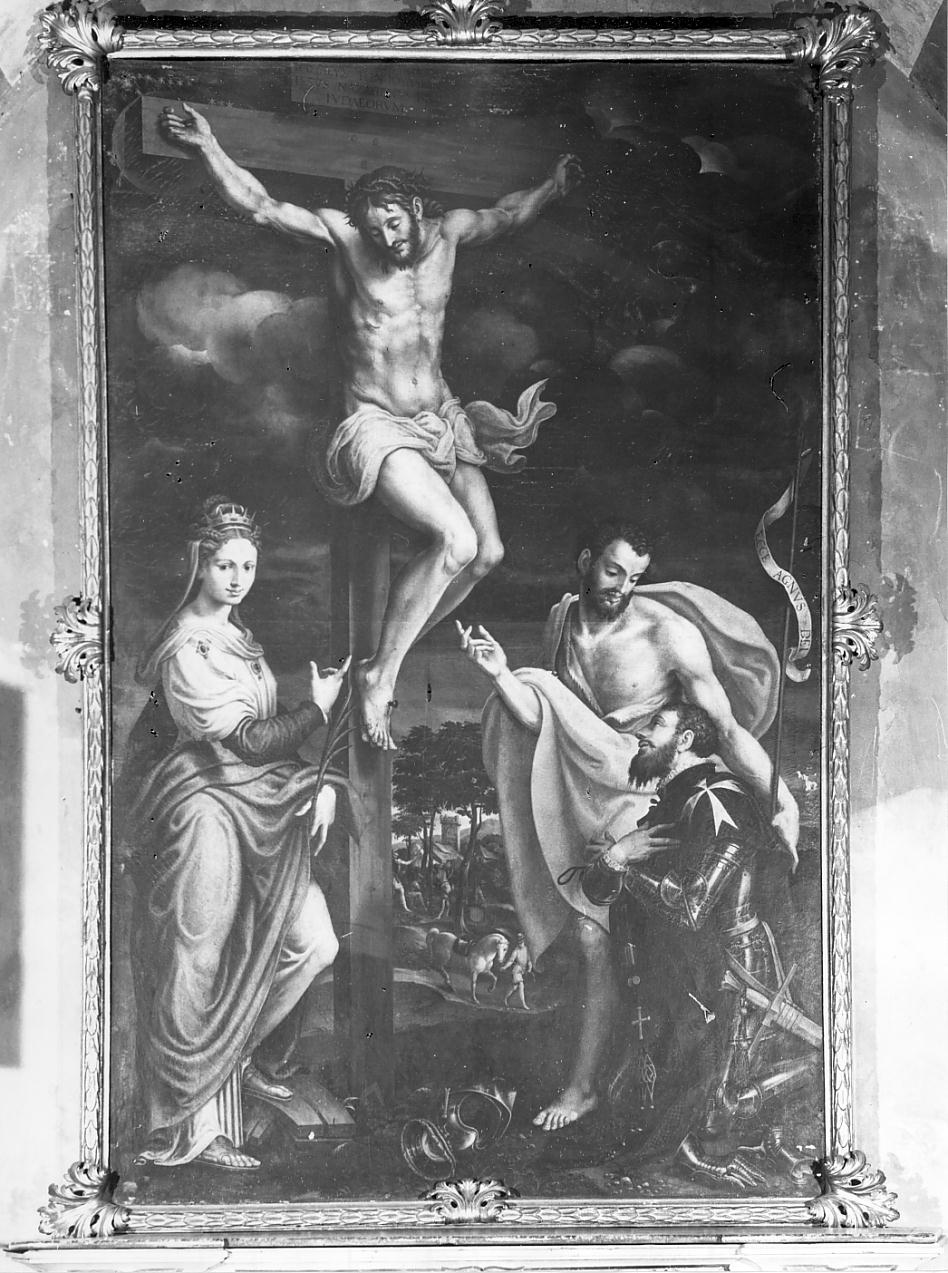 crocifissione di Cristo e SS. Giovanni e Caterina; Cavalier Broccardo Persico (dipinto, opera isolata) di Campi Giulio (attribuito) (seconda metà sec. XVI)