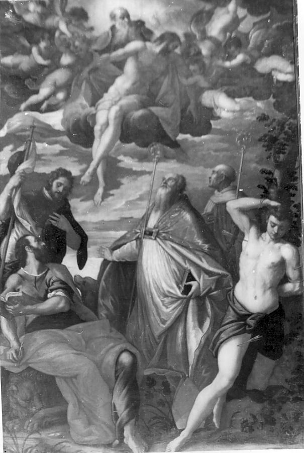 Cristo e San Rocco, San Marco, Sant'Agostino, San Basilio e San Sebastiano (pala d'altare, insieme) - ambito veneziano (seconda metà sec. XVII)