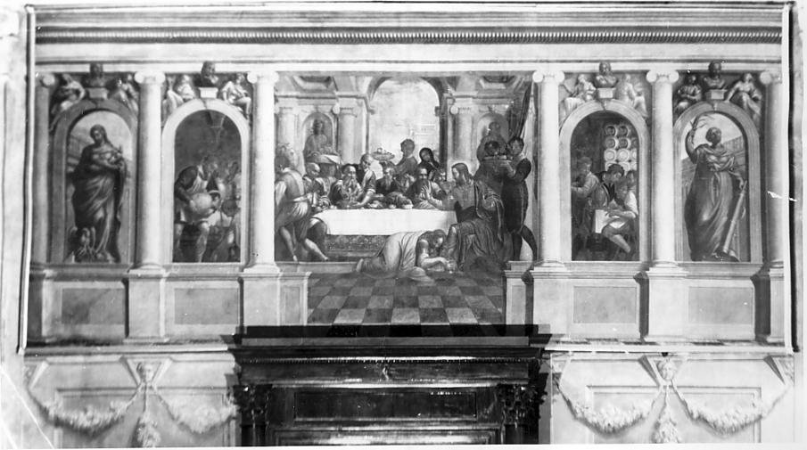 Cena in casa di Simone e figure allegoriche (dipinto, opera isolata) di Marone Pietro (sec. XVII)