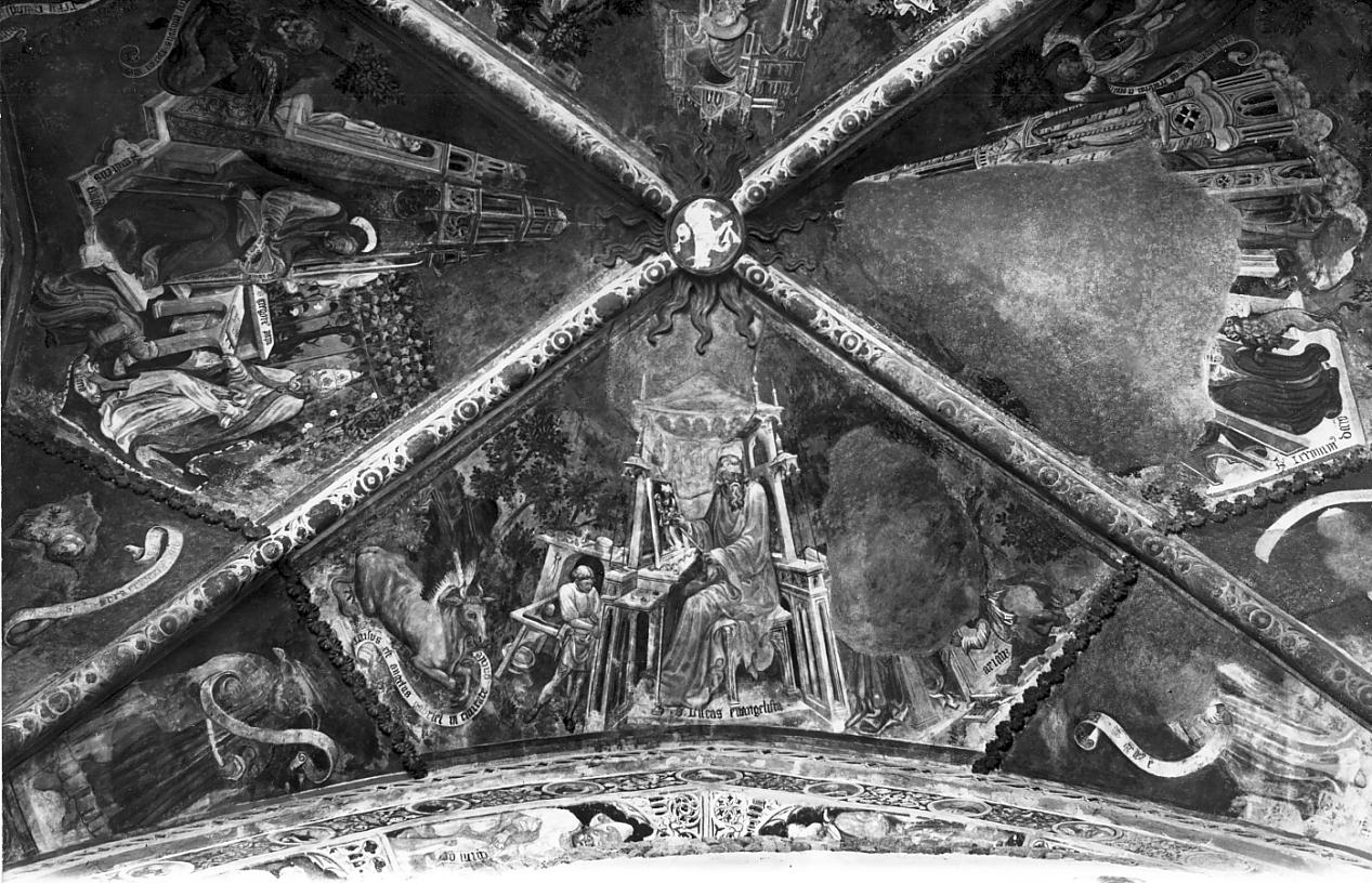 San Luca evangelista in atto di ritrarre la Vergine; il bue; un giovinetto e figure simboliche (decorazione pittorica, elemento d'insieme) di Bembo Bonifacio (sec. XV)