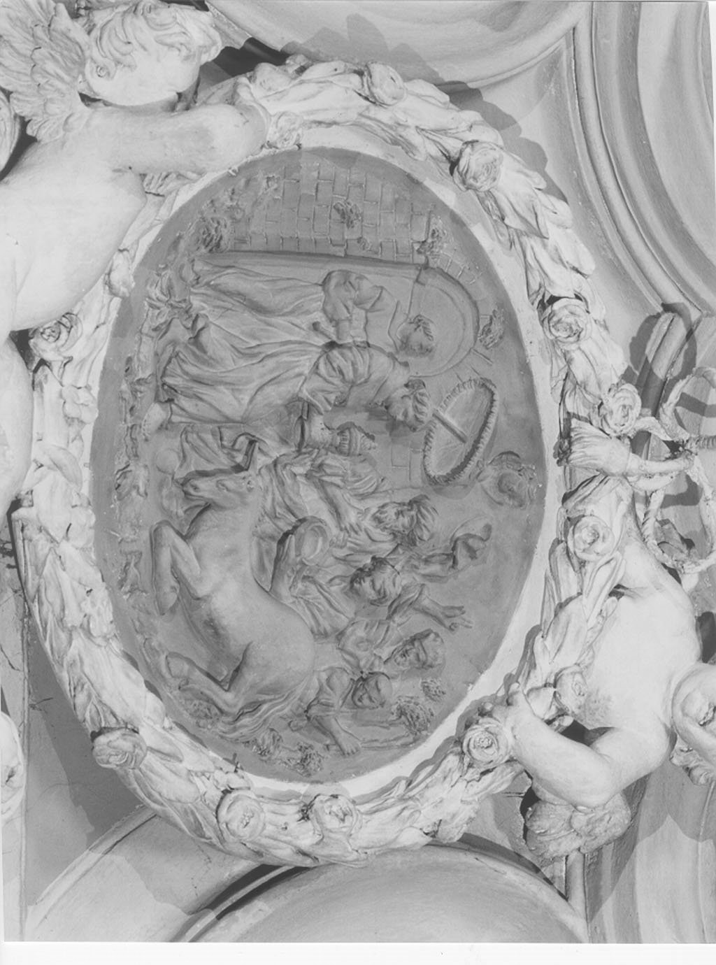 Sant'Antonio da Padova e la mula (formella, elemento d'insieme) - ambito mantovano (seconda metà sec. XVII)