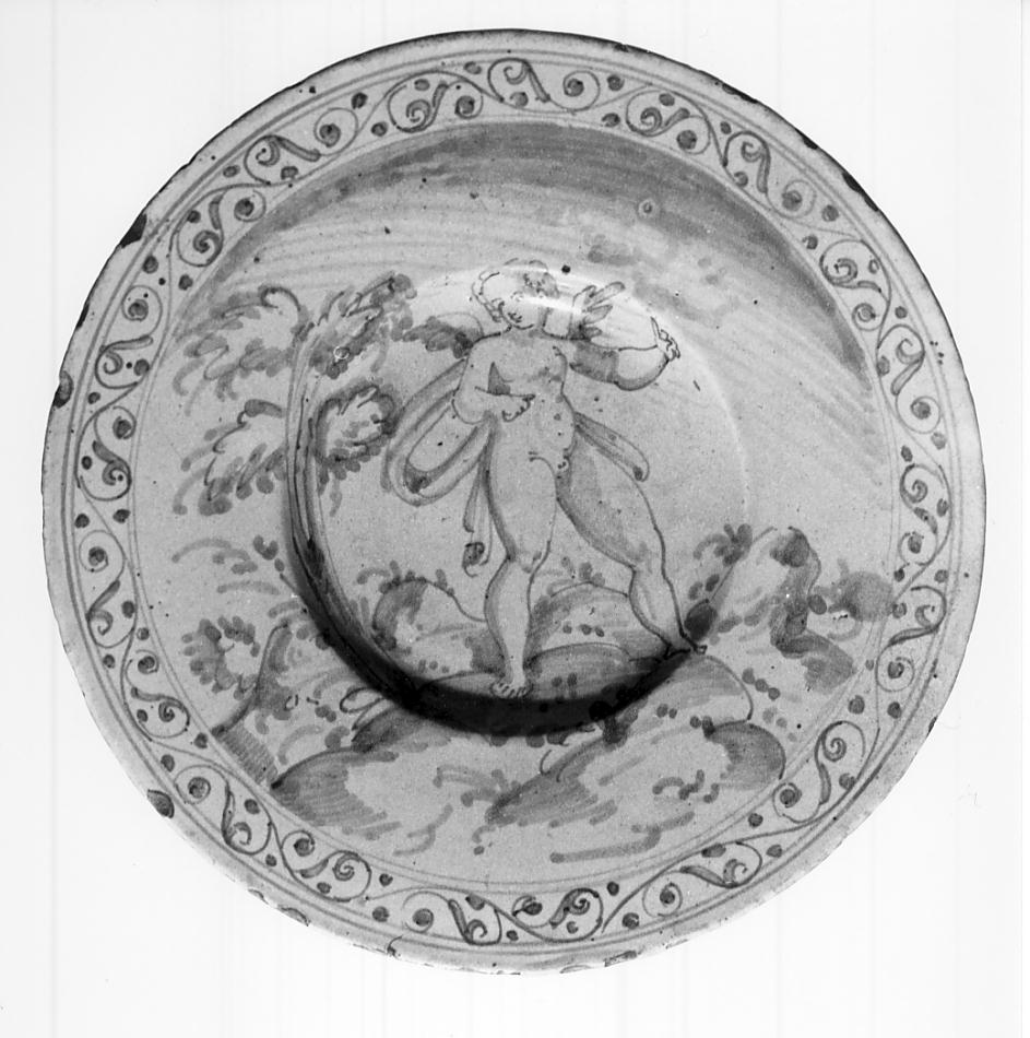 putto e fascia decorativa (piatto, opera isolata) - manifattura faentina (seconda metà sec. XVI)