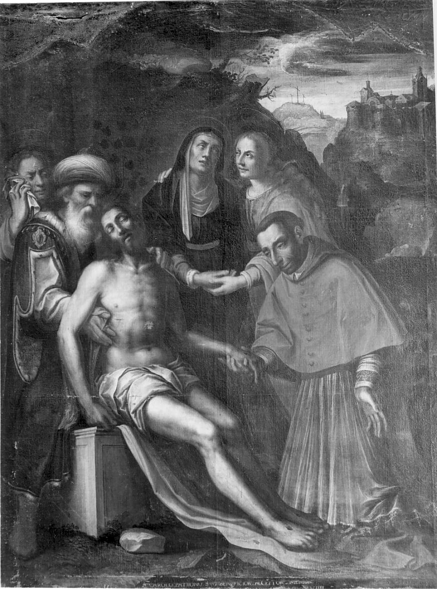 la sepoltura di Cristo con le Marie e San Carlo Borromeo (dipinto, opera isolata) di Pesenti Vincenzo detto Sabbioneta (attribuito), Pesenti Francesco detto Sabbioneta (attribuito) (sec. XVII)
