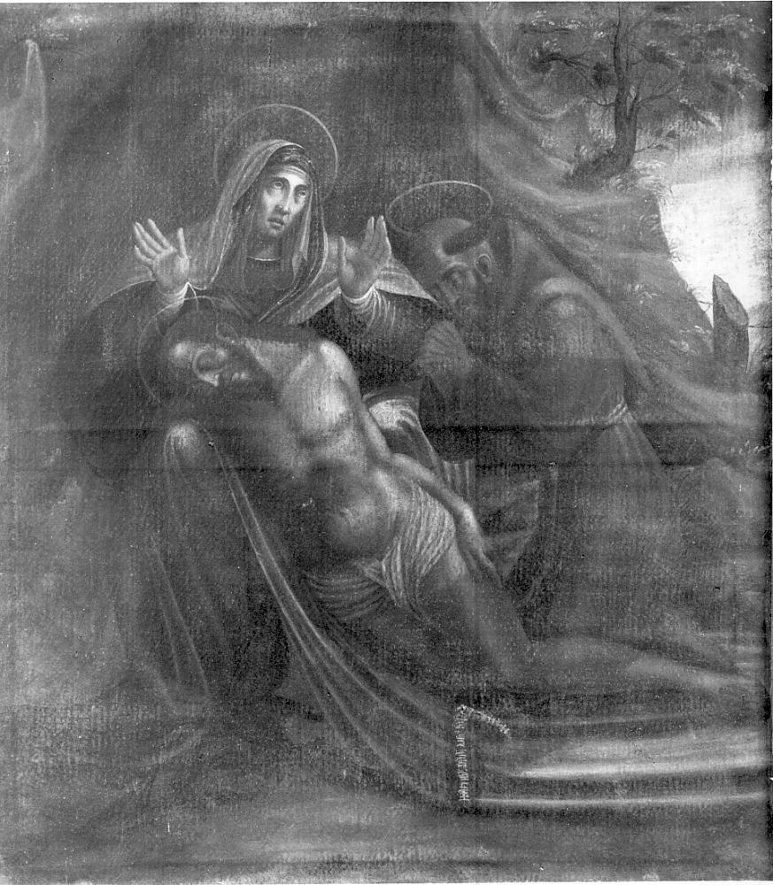Madonna con Cristo morto e San Francesco in preghiera (dipinto, opera isolata) di Savi Domenico (attribuito) (metà sec. XVII)