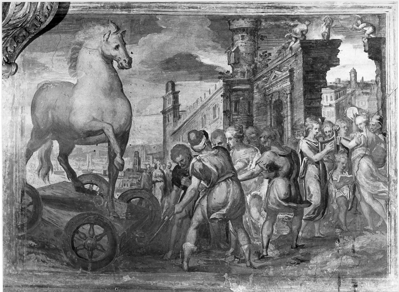 l'introduzione del cavallo di Troia (dipinto, elemento d'insieme) di Urbino Carlo (attribuito) (seconda metà sec. XVI)