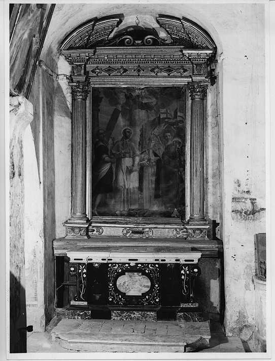Dio Padre appare a San Pietro; Sant'Andrea; San Carlo Borromeo; Santa Barbara e Sant'Ambrogio (dipinto, opera isolata) di Gandino Antonio (attribuito) (fine sec. XVI)