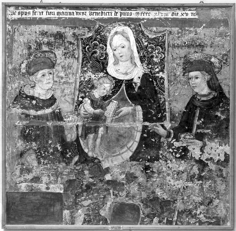 Madonna con Bambino tra Santi Cosma e Damiano (dipinto, opera isolata) di Bembo Bonifacio (attribuito) (prima metà sec. XV)