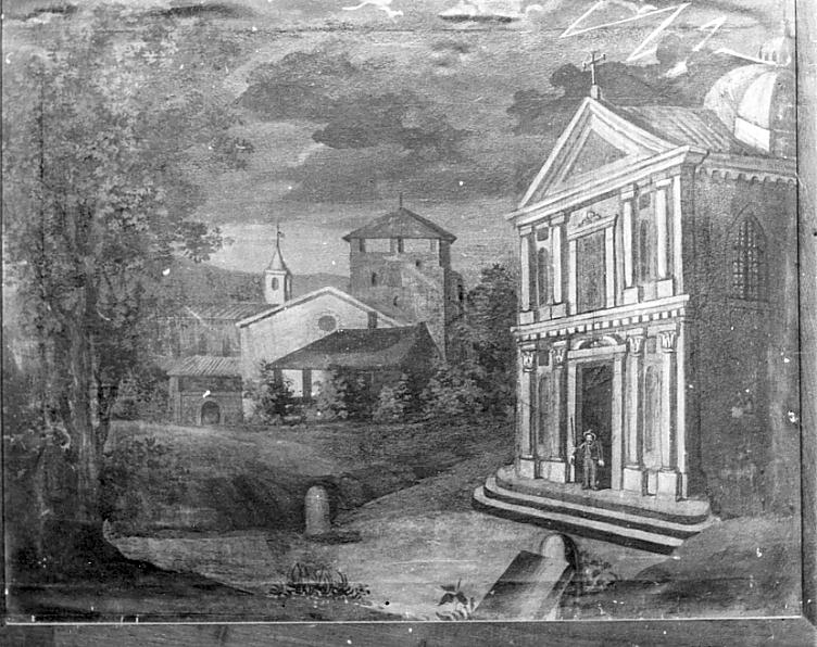 Ex voto: il Santuario sotto il temporale salvato da un fulmine (ex voto, opera isolata) - ambito italiano (prima metà sec. XIX)