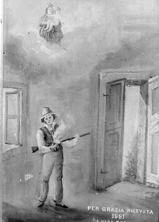 Ex voto: miracolo del fucile esploso (ex voto, opera isolata) - ambito bresciano (sec. XIX)