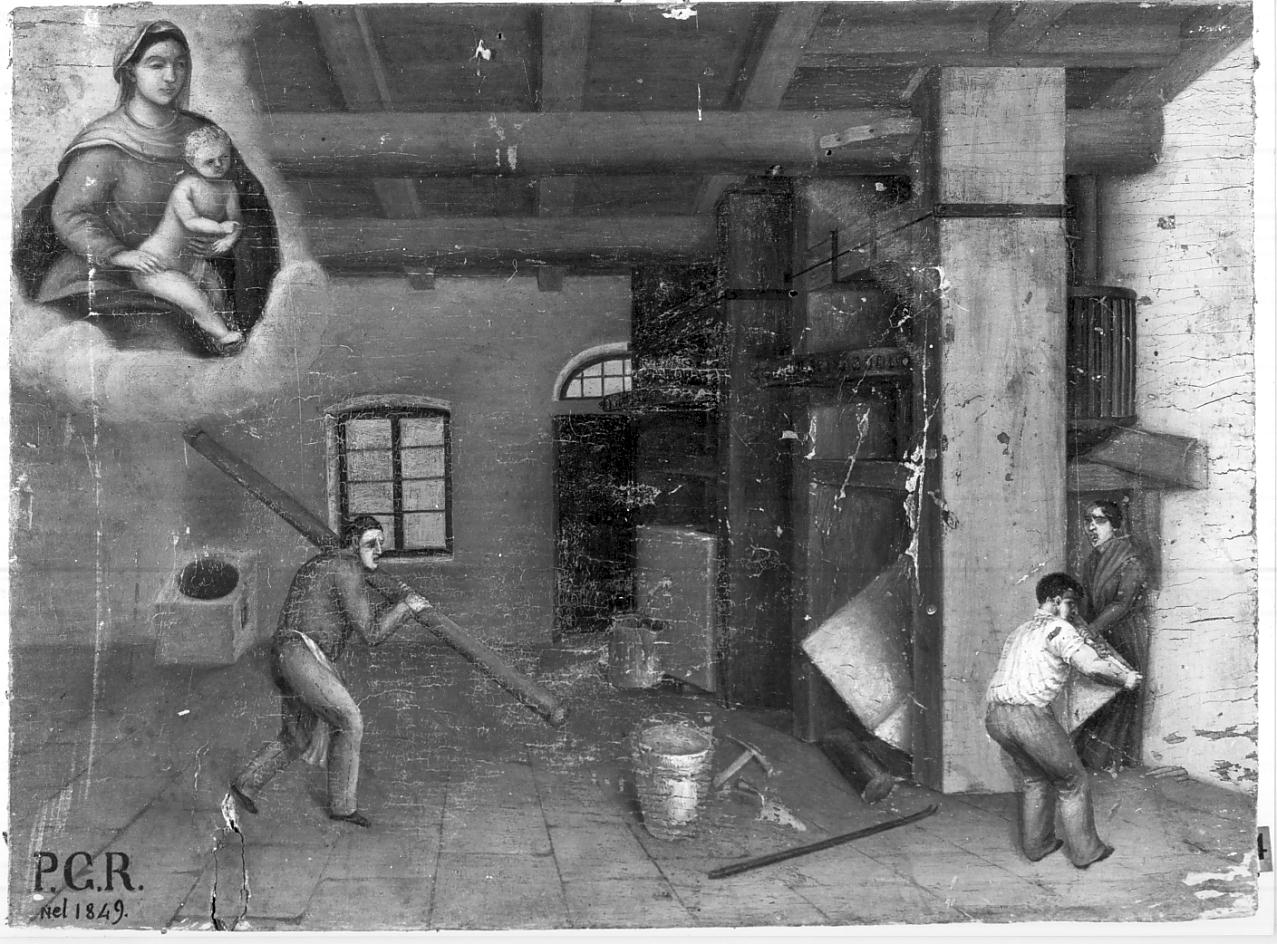 la Vergine scampa una devota dalla caduta di un pesante recipiente (ex voto, opera isolata) - ambito italiano (sec. XIX)