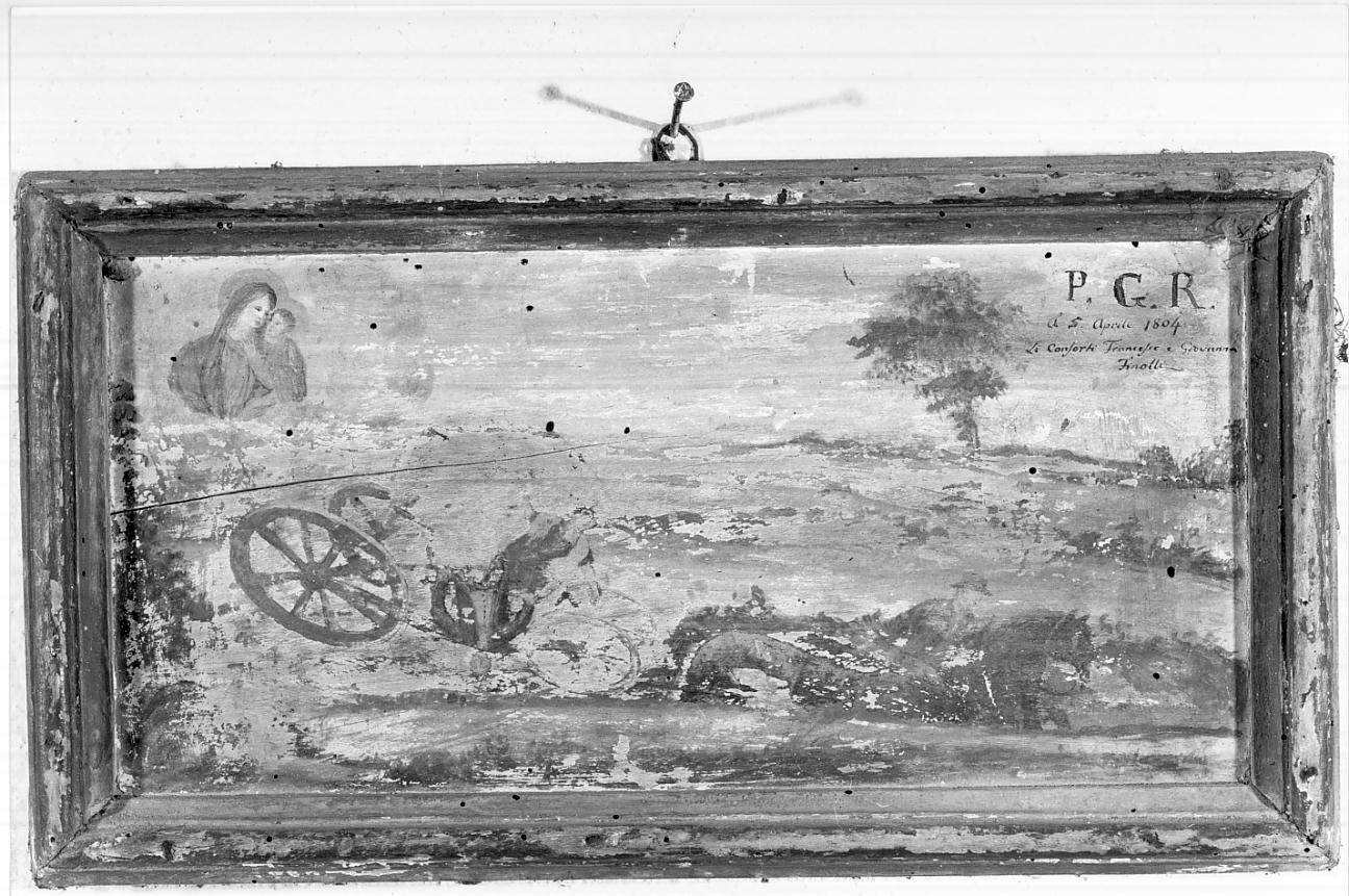 la Vergine salva i passeggeri di una carrozza che precipita nel fiume (ex voto, opera isolata) - ambito italiano (sec. XIX)