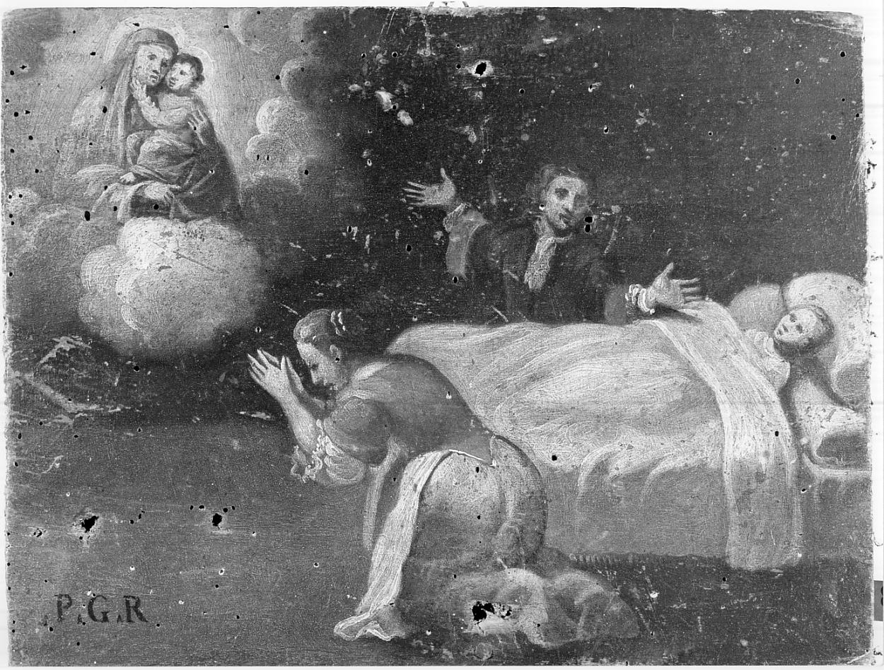la Vergine guarisce un bambino gravemente ammalato (ex voto, opera isolata) - ambito italiano (seconda metà sec. XVIII)