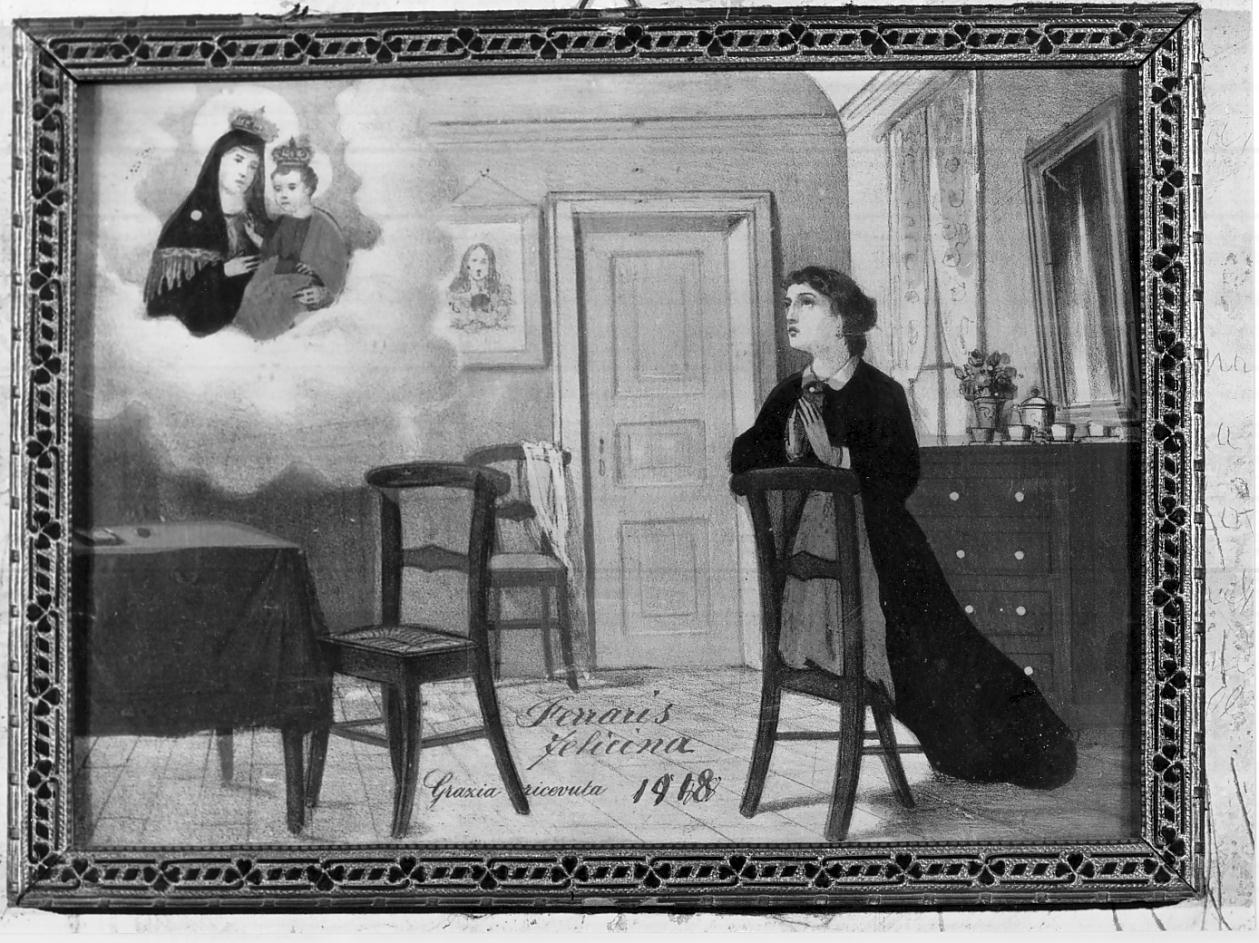 la Vergine con Bambino e devota (ex voto, opera isolata) - ambito italiano (sec. XX)