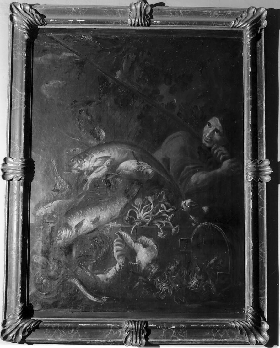 Pescatore con pesci, scena di caccia (dipinto, opera isolata) di D'Arco Giovanna (prima metà sec. XX)