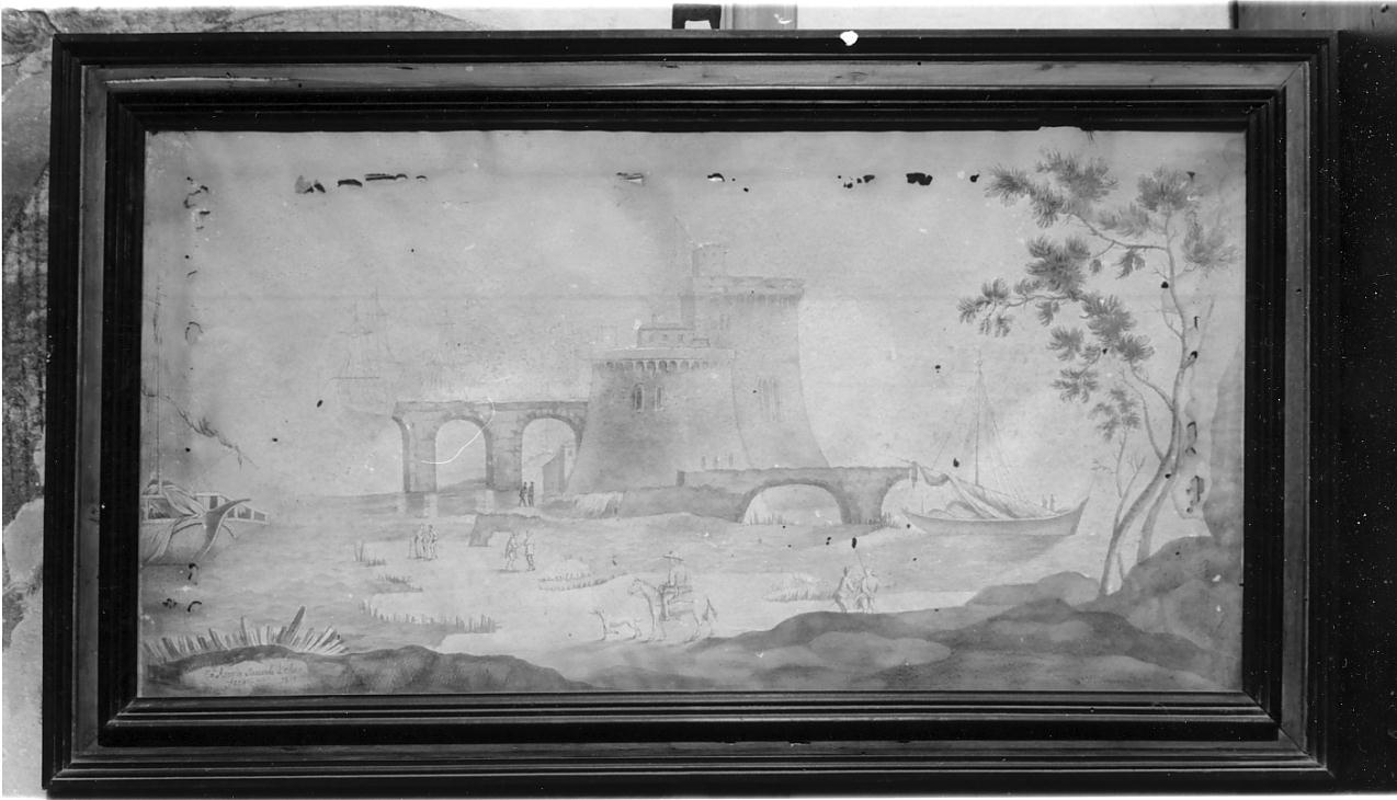 paesaggio fluviale con castello, barche e figure (dipinto, opera isolata) di Sanvitale Amalia (primo quarto sec. XIX)