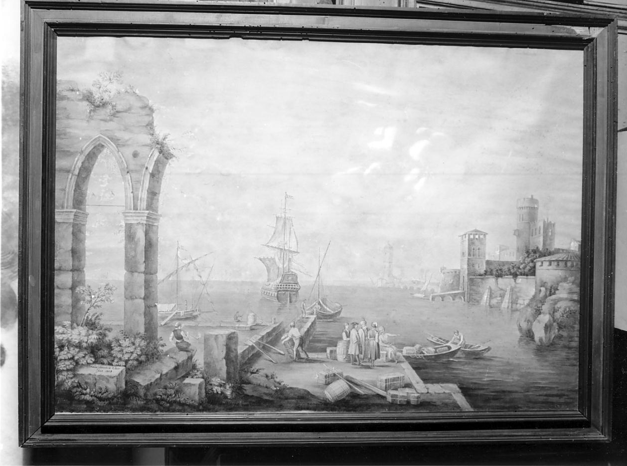 Marina con nave allo scalo/rovine/castello (dipinto, opera isolata) di Sanvitale Amalia (inizio sec. XIX)