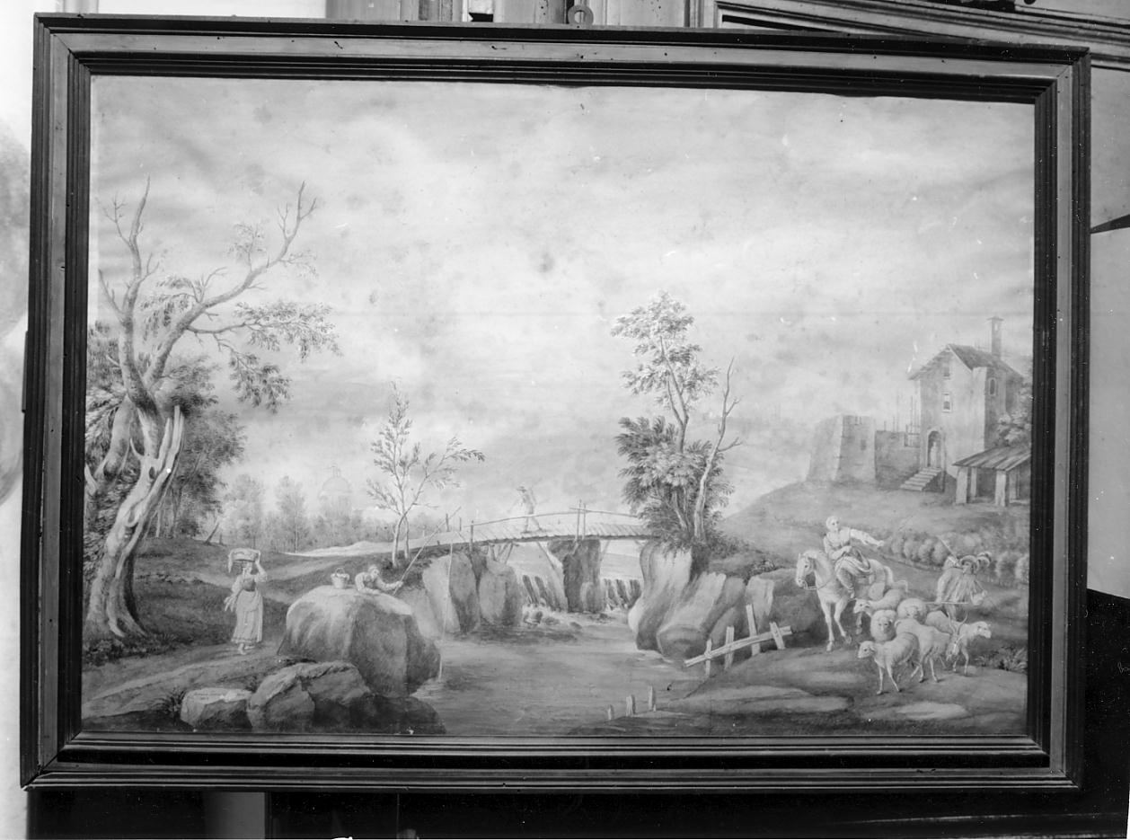 paesaggio fluviale con fonte/animali e figure (dipinto, opera isolata) di Sanvitale Amalia (inizio sec. XIX)