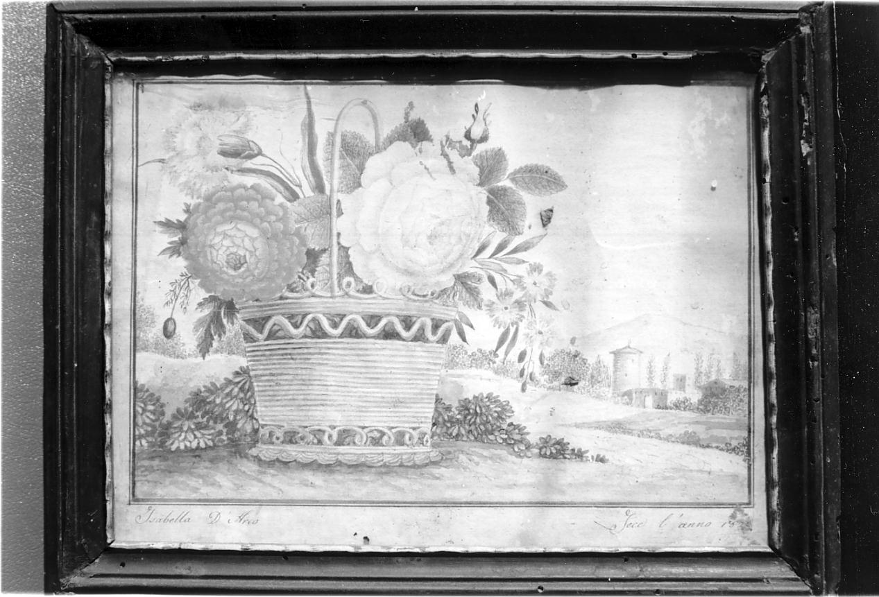 paesaggio campestre con cestino di fiori (dipinto, opera isolata) di D'Arco Isabella (primo quarto sec. XIX)